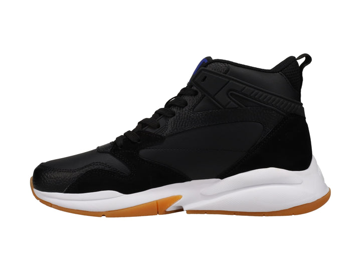 Tenis deportivos Champion de bota alta color negro con suela blanca y base de goma color miel.