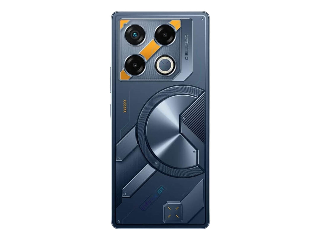Parte posterior del teléfono Infinix GT20 Pro en color azul con detalles naranjas y diseño futurista.