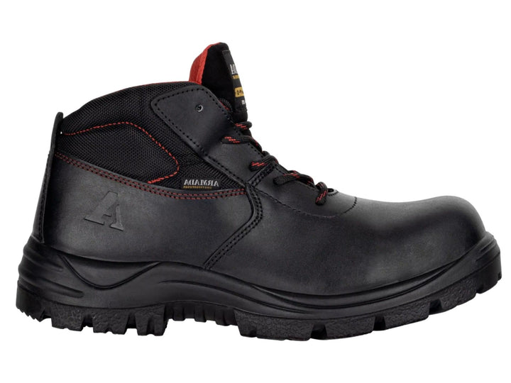Bota de seguridad ARMADA modelo 5012 en color negro con detalles rojos y suela antideslizante.