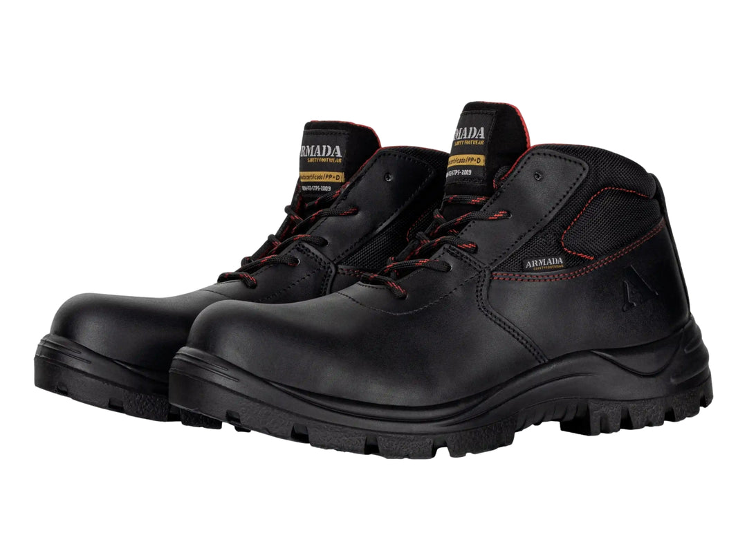 Bota de seguridad ARMADA modelo 5012 en color negro con detalles rojos y suela antideslizante.