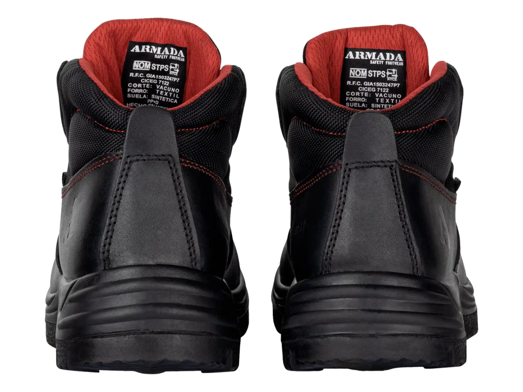 Bota de seguridad ARMADA modelo 5012 en color negro con detalles rojos y suela antideslizante.