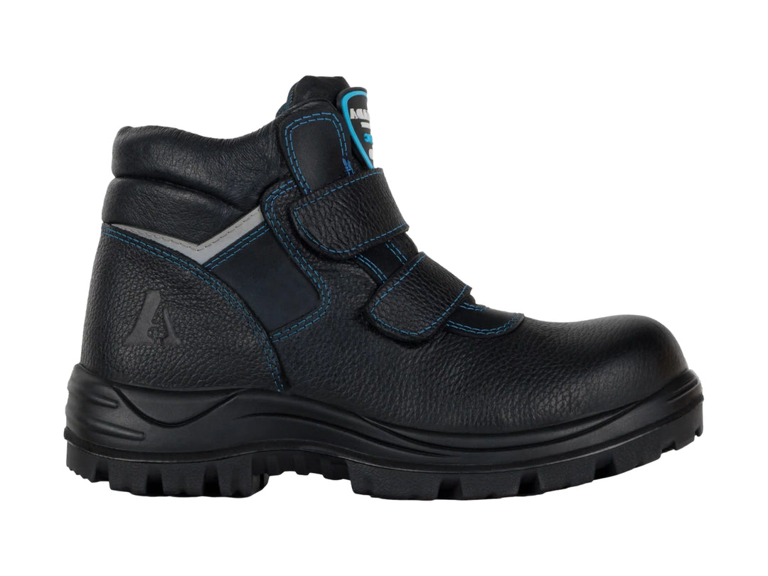 Bota de seguridad ARMADA color negro con costuras azules y cierre de velcro, diseñada para pie diabético.