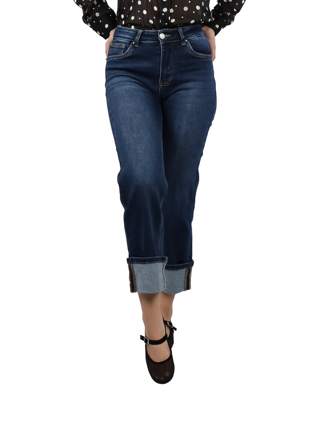 Pantalones jeans rectos color azul con dobladillo valenciana para mujer.