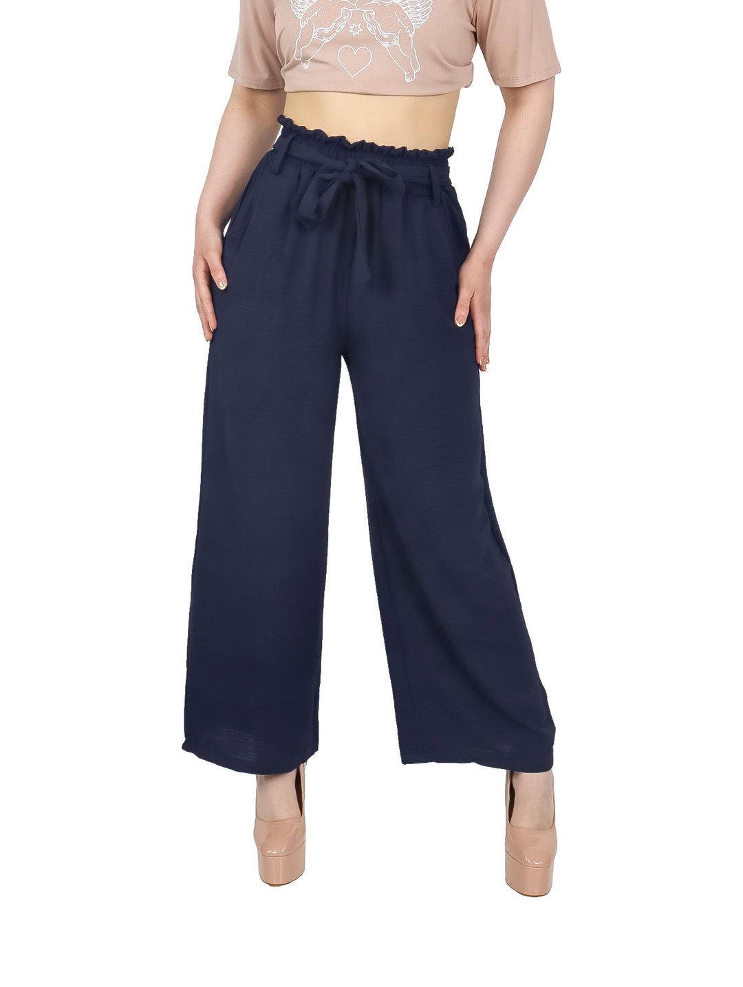 Pantalón azul marino de pierna ancha con cintura elástica y lazo ajustable para mujer.
