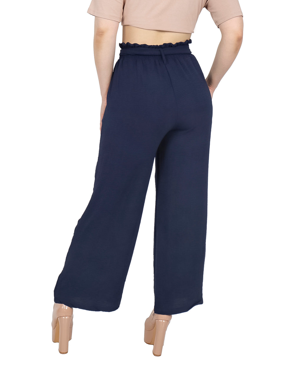 Pantalón azul marino de pierna ancha con cintura elástica y lazo ajustable para mujer.