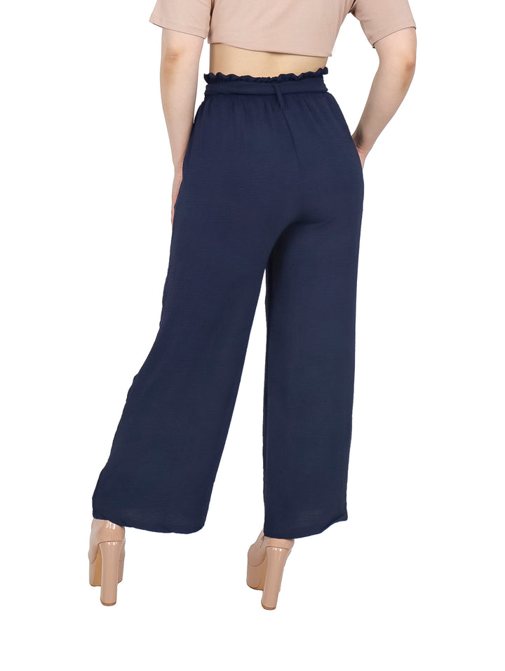 Pantalón azul marino de pierna ancha con cintura elástica y lazo ajustable para mujer.