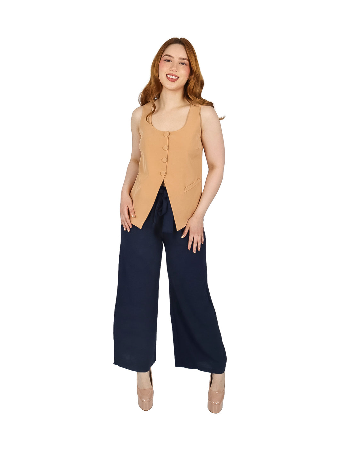 Pantalón azul marino de pierna ancha con cintura elástica y lazo ajustable para mujer.