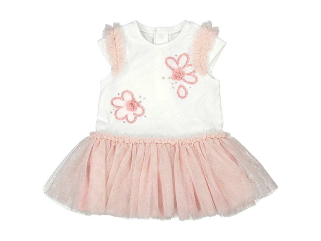 Vestido para niña blanco y rosa con falda de tutú y aplicaciones de flores.