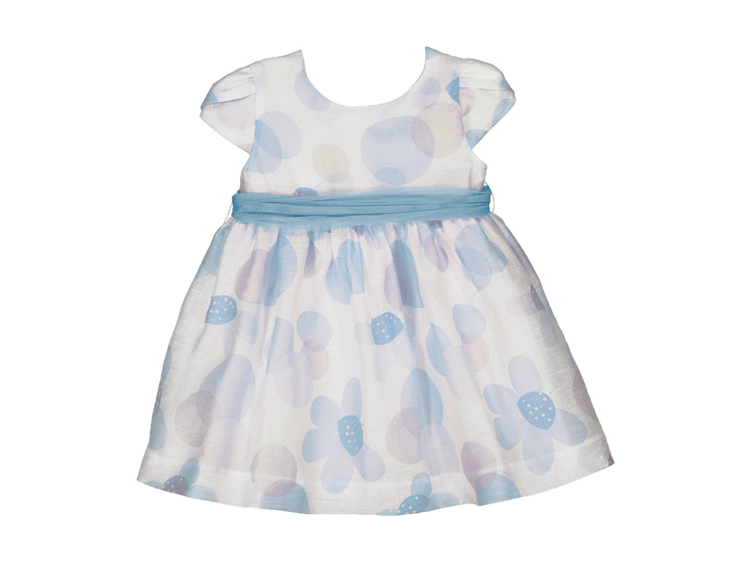 Vestido blanco con estampado floral en color azul cielo para niña.
