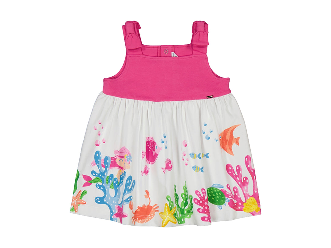 Vestido infantil fucsia y blanco con estampado marino de peces y corales.