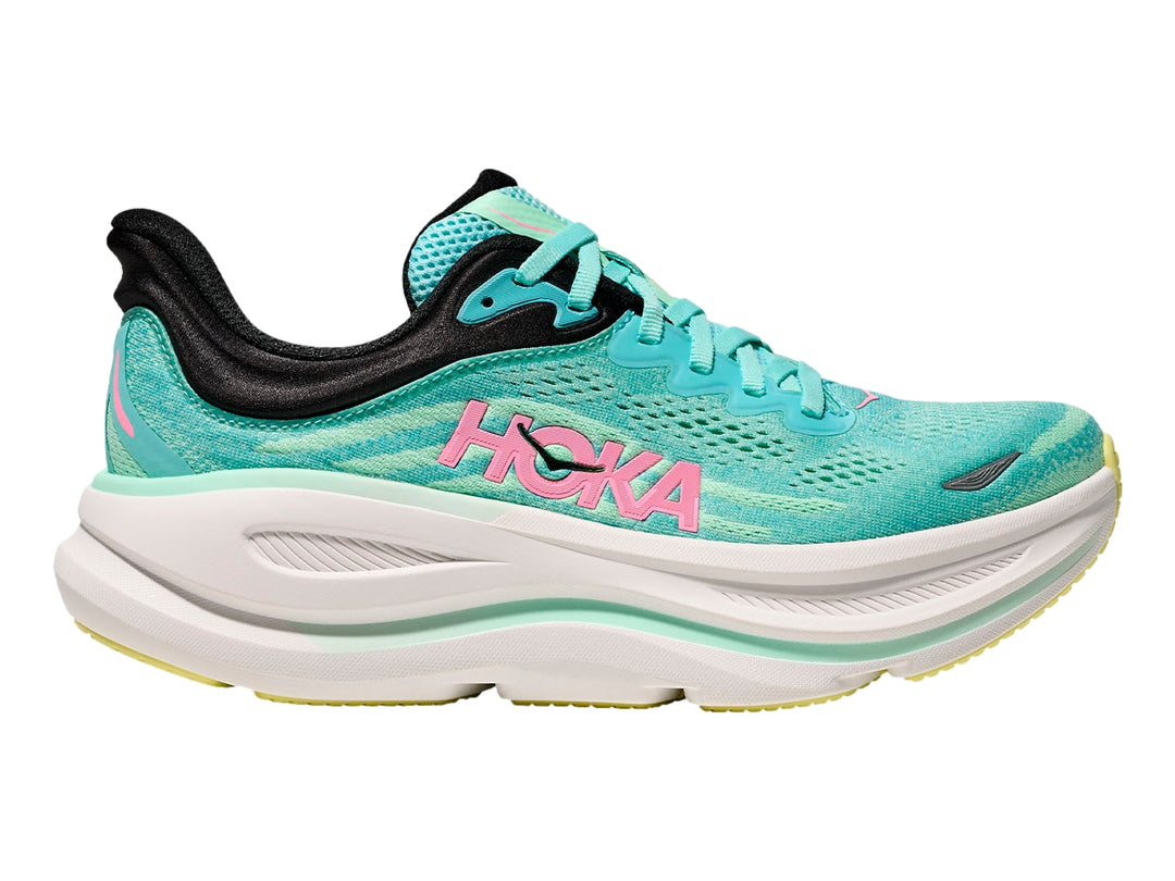 Tenis deportivos HOKA color turquesa con suela blanca ancha y detalles en negro.