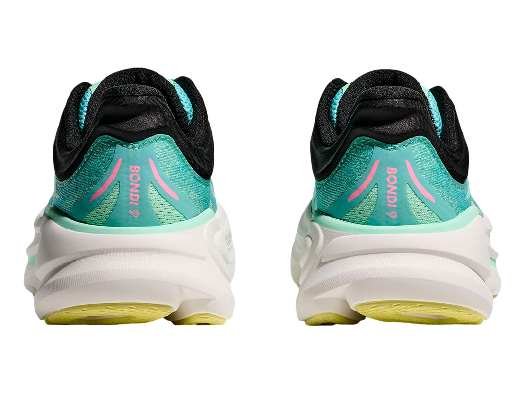 Tenis deportivos HOKA color turquesa con suela blanca ancha y detalles en negro.