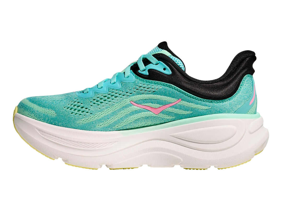 Tenis deportivos HOKA color turquesa con suela blanca ancha y detalles en negro.