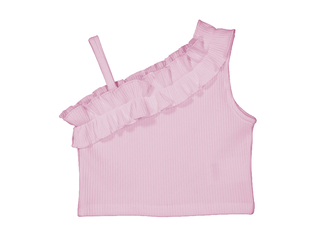 Camiseta de tirantes color malva para niña con detalle de volante en el escote y tejido acanalado.
