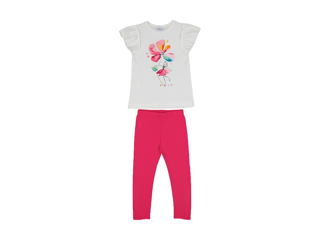 Conjunto infantil Mayoral con camiseta blanca estampada y leggings color magenta.
