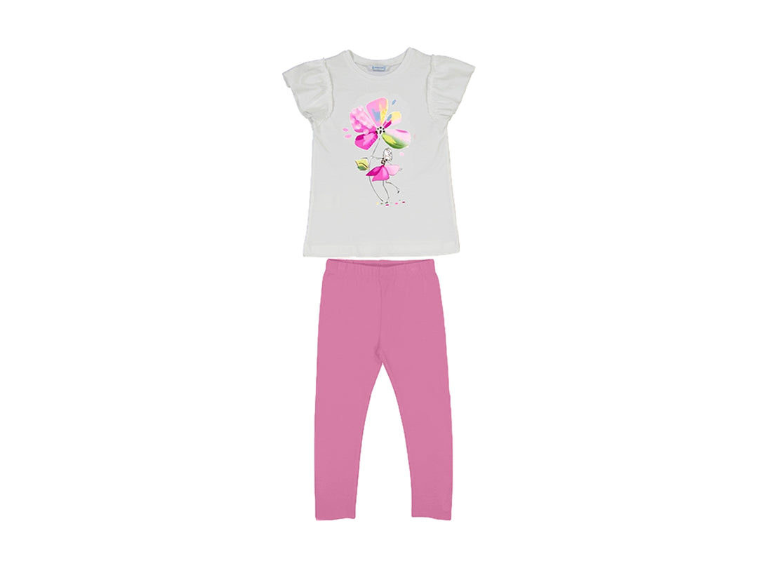 Conjunto infantil de camiseta blanca con estampado floral y leggings color rosa orquídea.