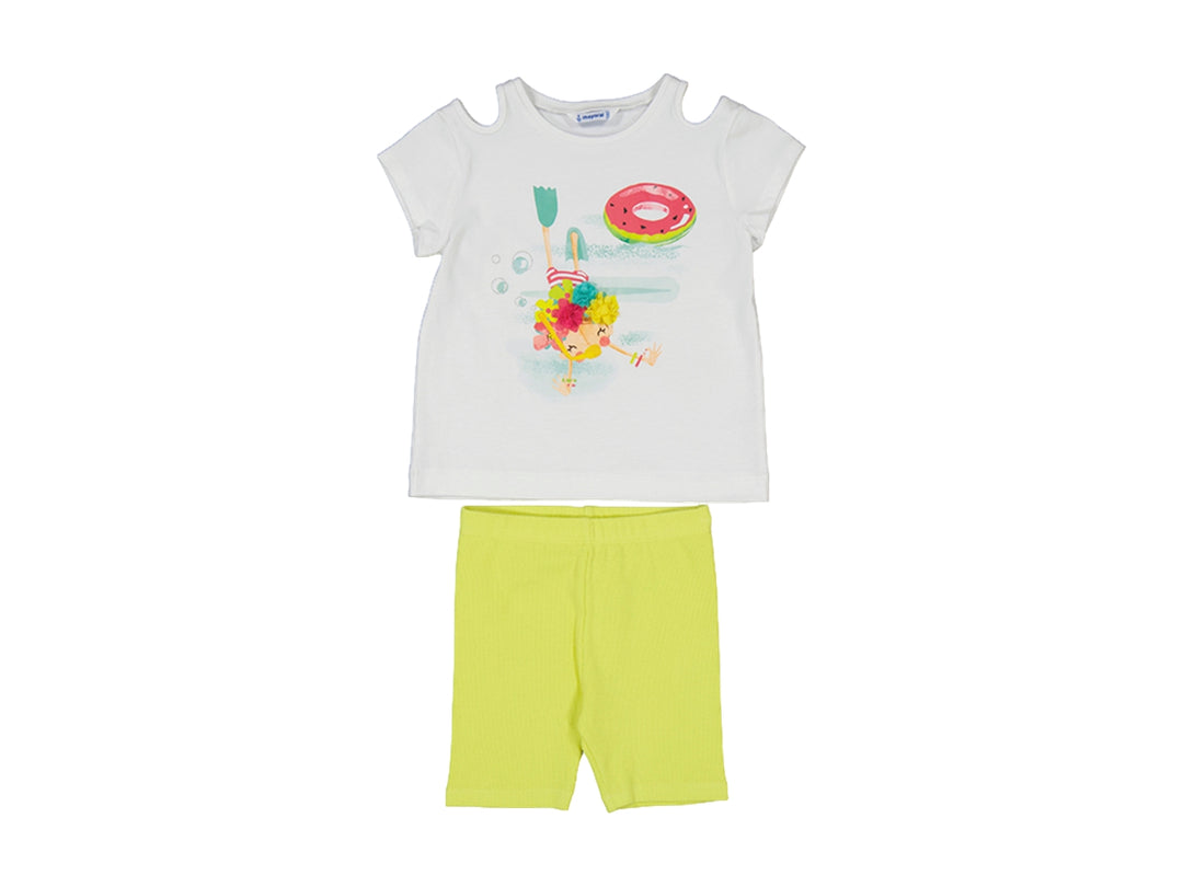Conjunto infantil de camiseta blanca con estampado colorido y leggings color amarillo citrón.
