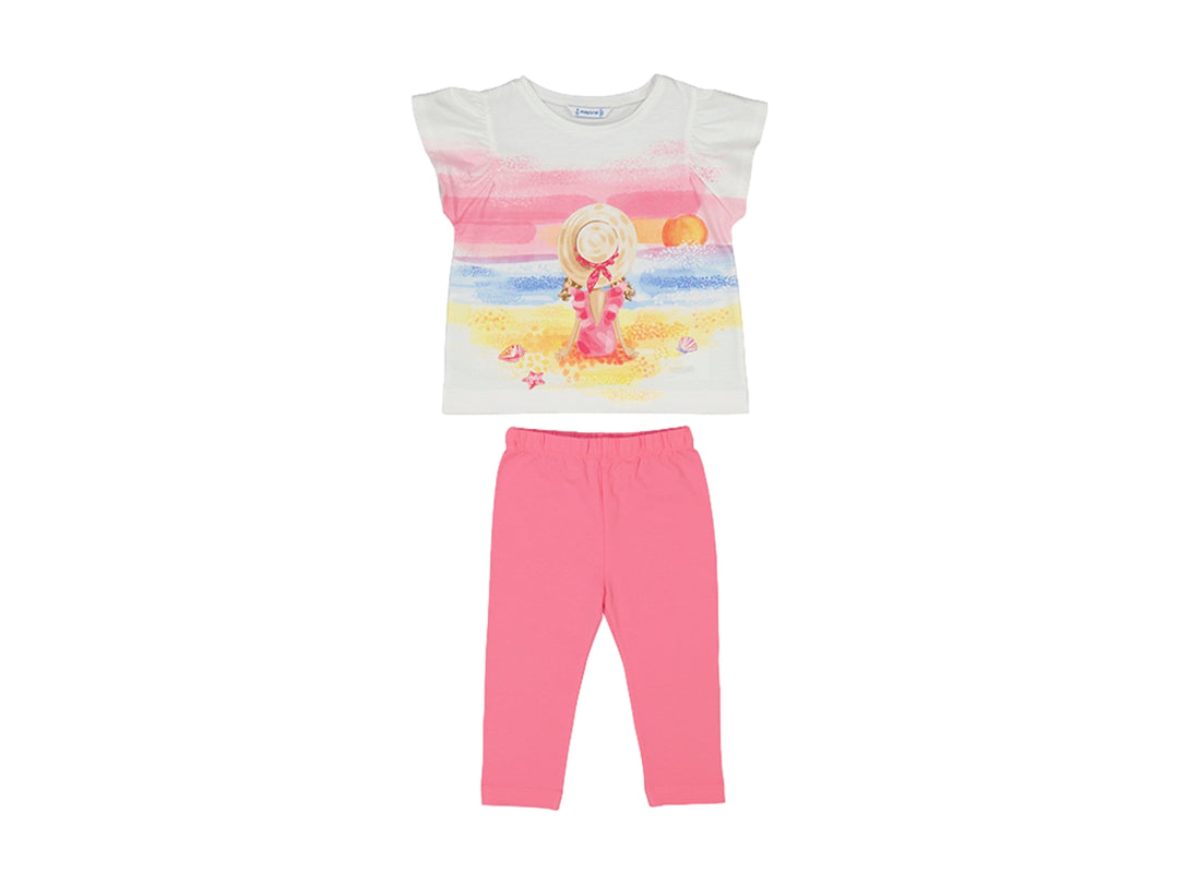 Conjunto de ropa para niña con camiseta blanca estampada de playa y leggings color rosa.
