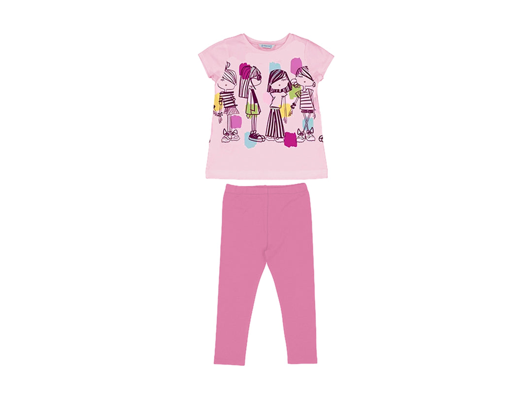 Conjunto de camiseta rosa con estampado de niñas y leggings en color rosa orquídea.