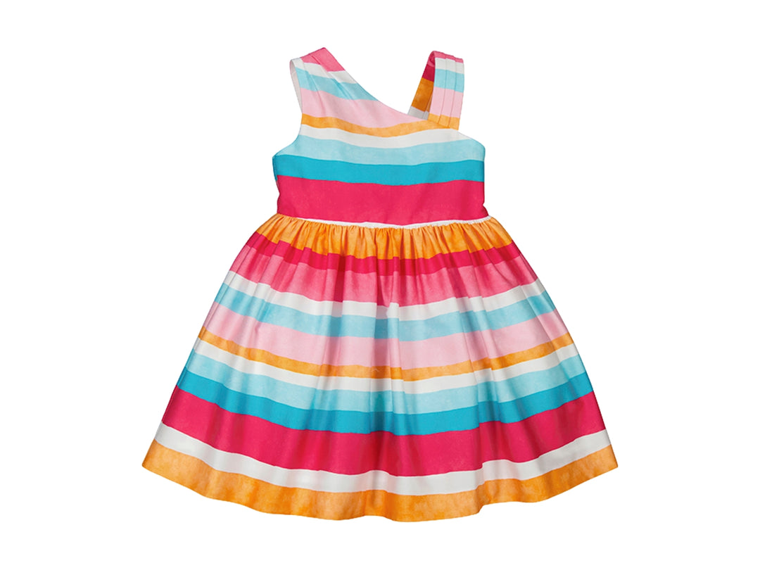 Vestido para niña sin mangas con rayas horizontales en colores magenta, naranja, azul y blanco.