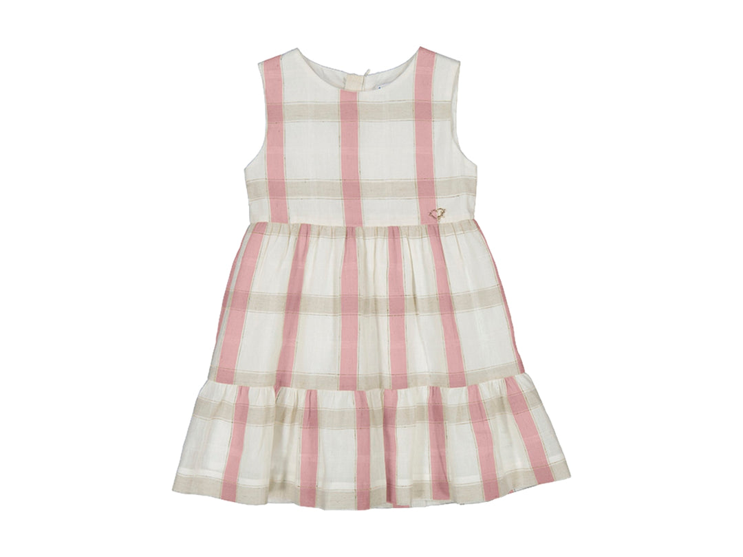 Vestido infantil sin mangas con estampado de cuadros en colores blanco, rosado y beige.