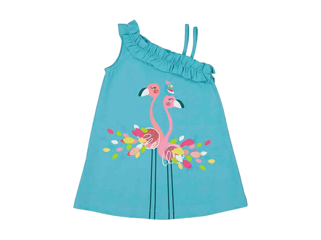 Vestido azul turquesa con estampado de flamencos rosas y detalle de volantes en el cuello asimétrico.