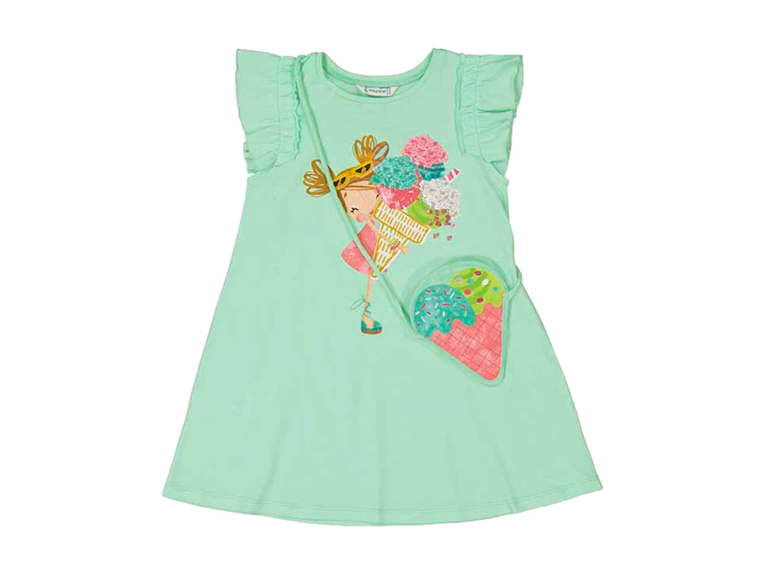 Vestido corto color verde agua para niña con estampado de helados y una pequeña bolsa a juego.