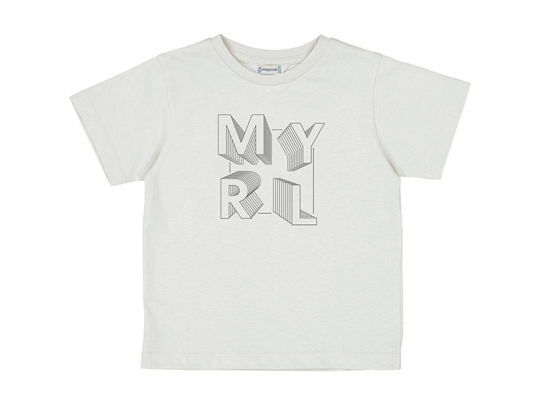 Camiseta blanca de manga corta para niños con estampado gráfico lineal en el centro.