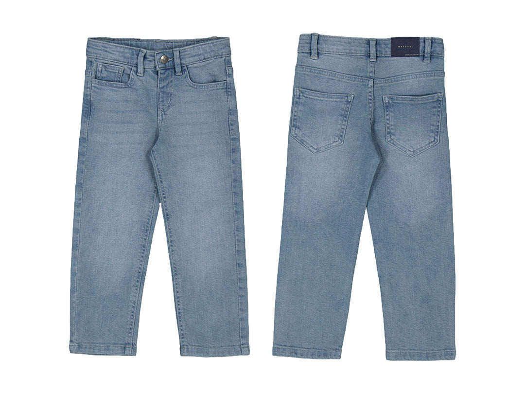 Pantalón tejano regular fit en color azul grisáceo para Niño, vistas frontal y posterior.