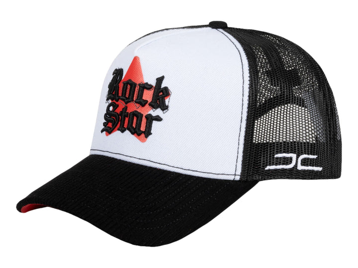 Gorra JC HATS estilo trucker en colores blanco y negro con diseño Rock Star bordado al frente.
