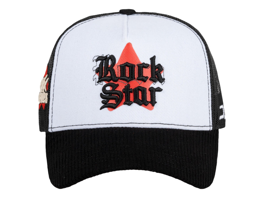 Gorra JC HATS estilo trucker en colores blanco y negro con diseño Rock Star bordado al frente.