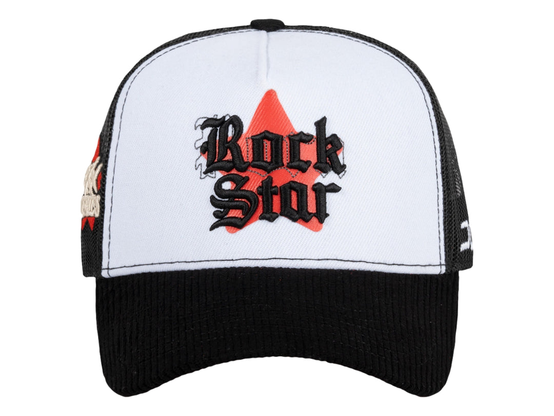 Gorra JC HATS estilo trucker en colores blanco y negro con diseño Rock Star bordado al frente.