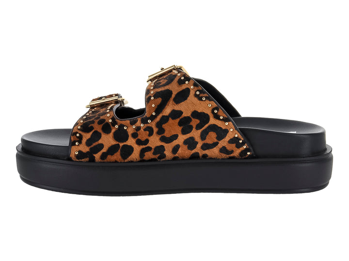 Sandalias de plataforma Steve Madden con estampado de leopardo, hebillas doradas y suela negra gruesa.