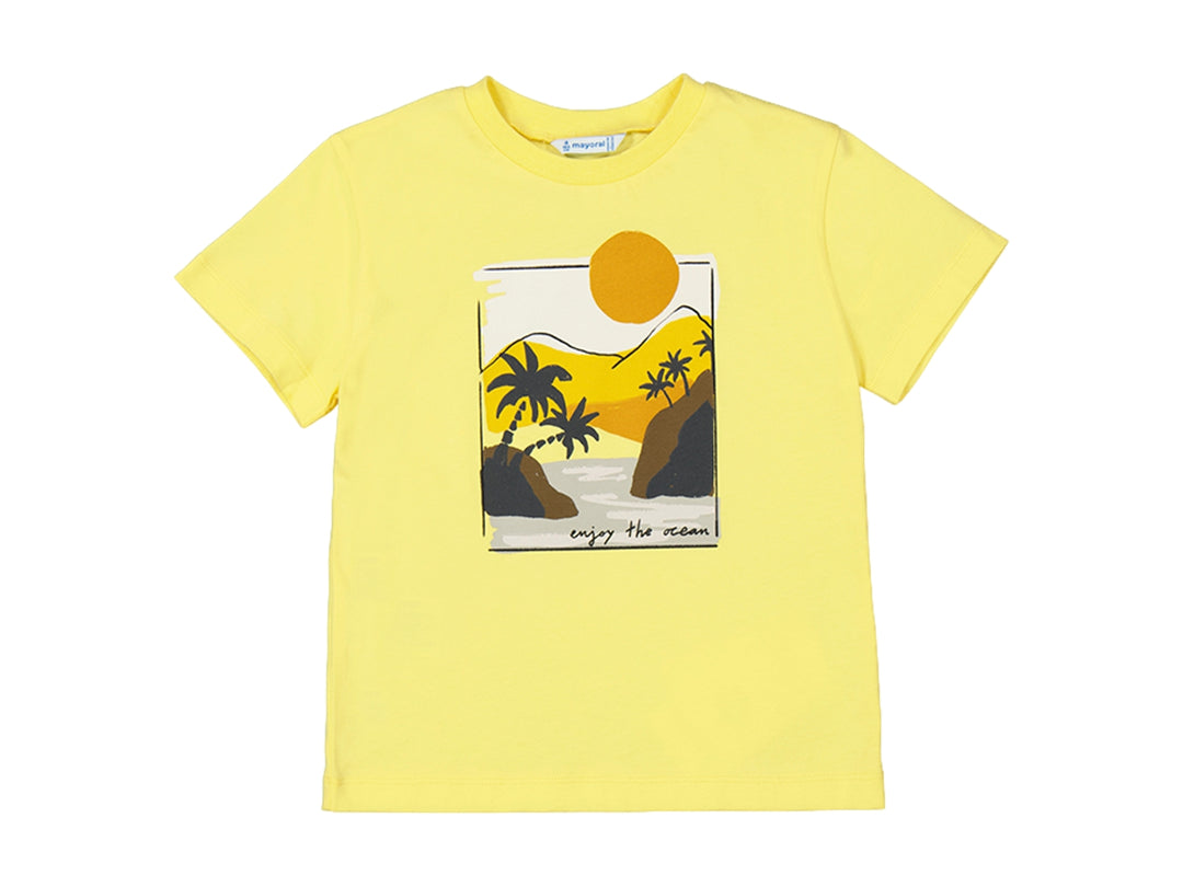 Camiseta amarilla de manga corta para Niño con estampado de paisaje tropical y texto &