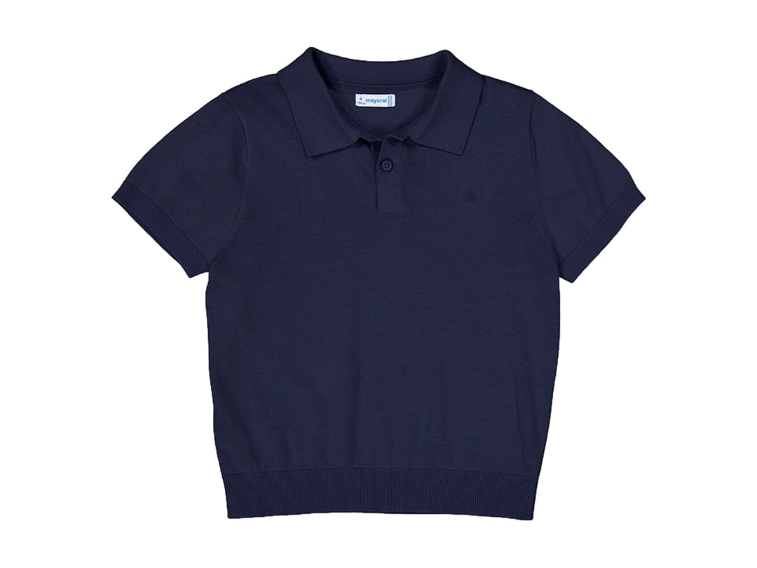 Polo color marino de tricot para niños con cuello y manga corta.
