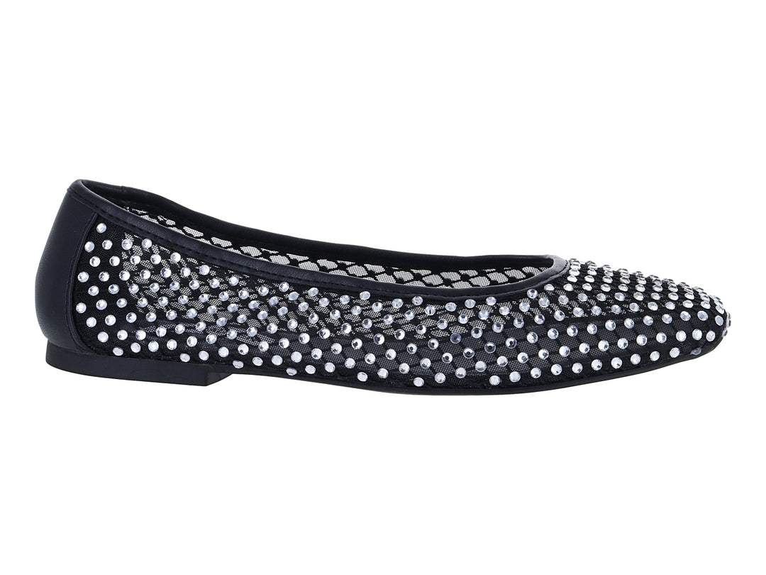 Zapatos planos Steve Madden color negro decorados con cristales plateados en toda la superficie.