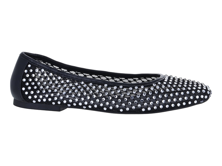 Zapatos planos Steve Madden color negro decorados con cristales plateados en toda la superficie.