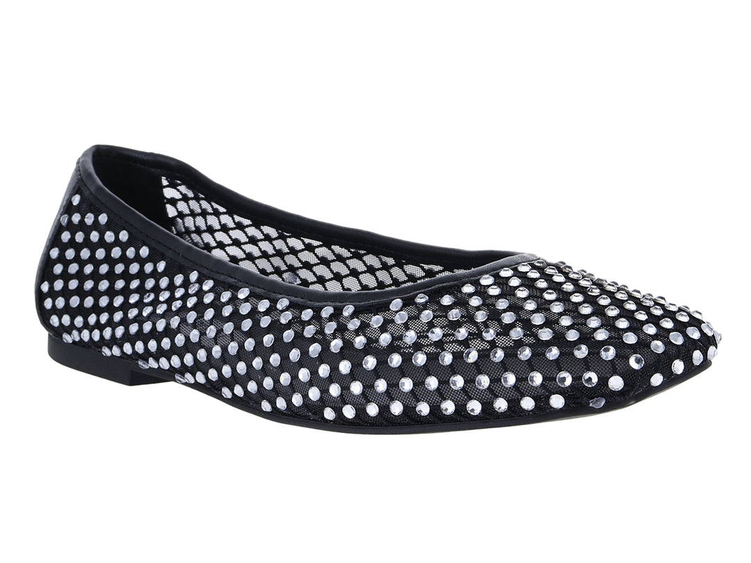 Zapatos planos Steve Madden color negro decorados con cristales plateados en toda la superficie.