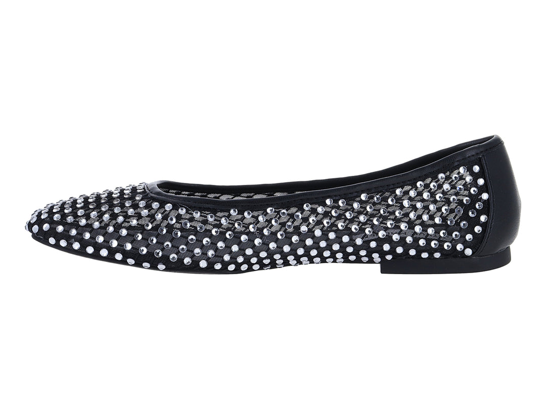 Zapatos planos Steve Madden color negro decorados con cristales plateados en toda la superficie.