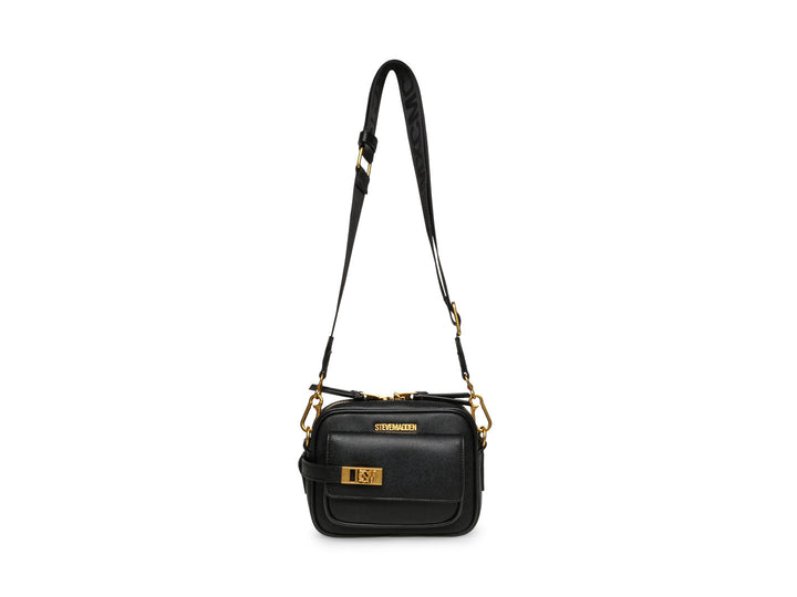 Bolso pequeño de color negro con correa de cadena dorada y detalles metálicos de la marca Steve Madden.