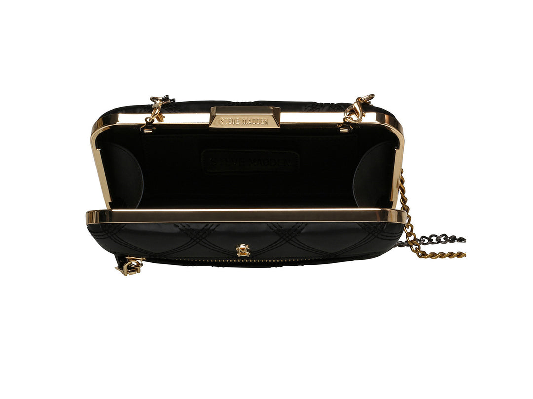 Bolso pequeño de hombro Steve Madden color negro con textura acolchada y cadena dorada.