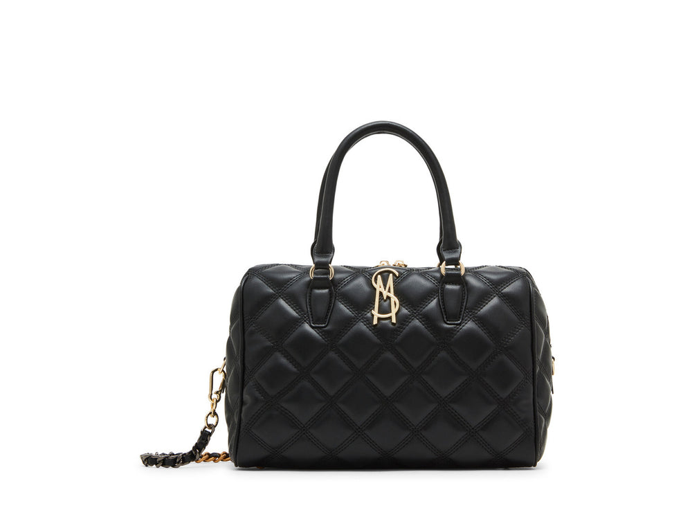 Bolso de hombro Steve Madden color negro con diseño acolchado, detalles en dorado y correa ajustable.