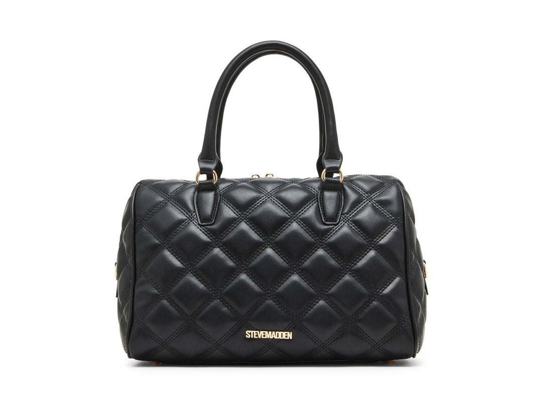 Bolso de hombro Steve Madden color negro con diseño acolchado, detalles en dorado y correa ajustable.