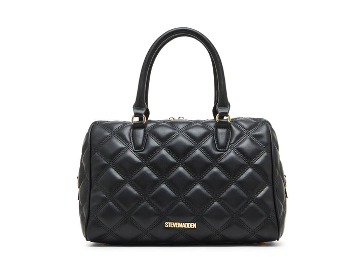 Bolso de hombro Steve Madden color negro con diseño acolchado, detalles en dorado y correa ajustable.