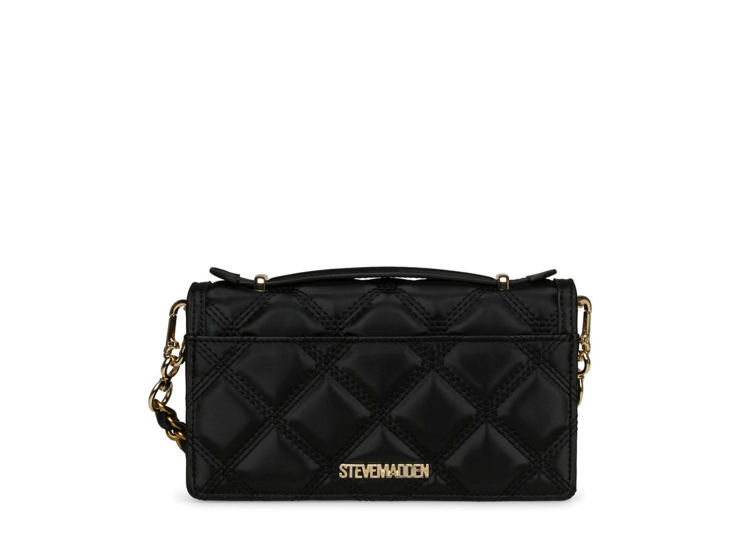 Bolsa negra Steve Madden con diseño acolchado y correa de cadena dorada.
