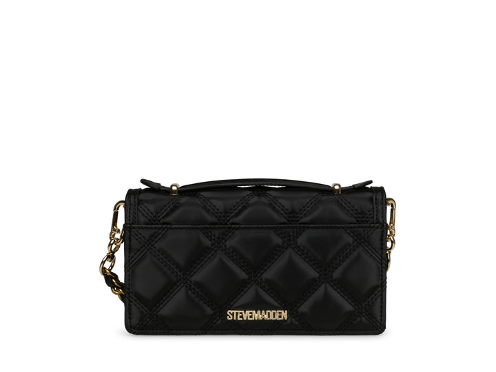 Bolsa negra Steve Madden con diseño acolchado y correa de cadena dorada.