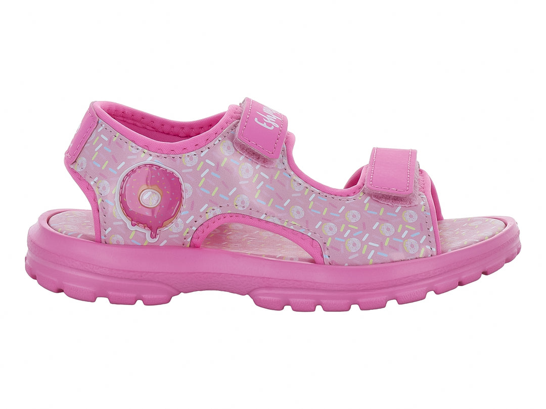 Sandalia rosa para niña con estampado de chispas de colores y cierre de velcro.