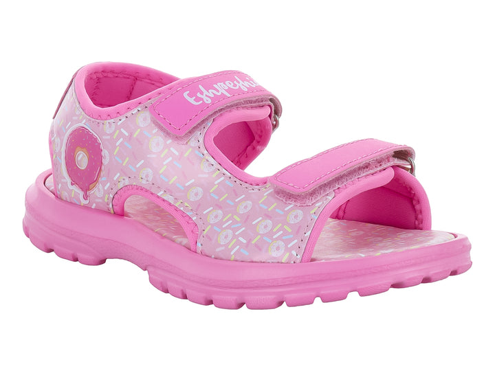 Sandalia rosa para niña con estampado de chispas de colores y cierre de velcro.