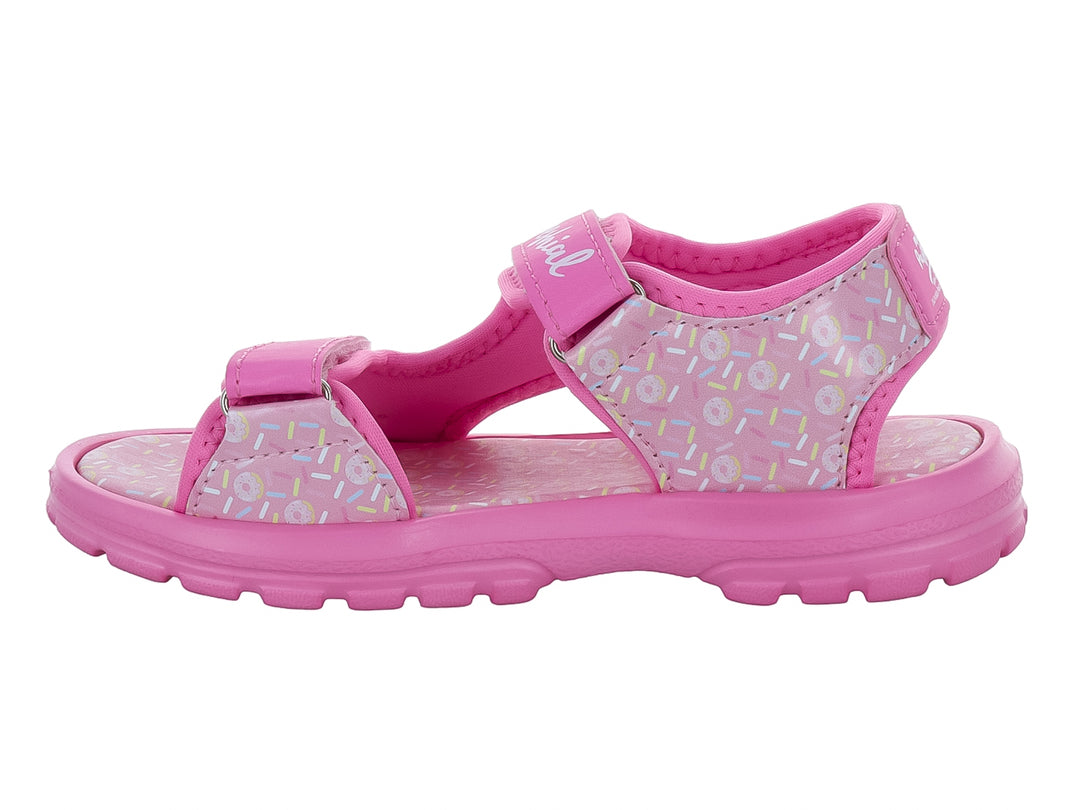 Sandalia rosa para niña con estampado de chispas de colores y cierre de velcro.