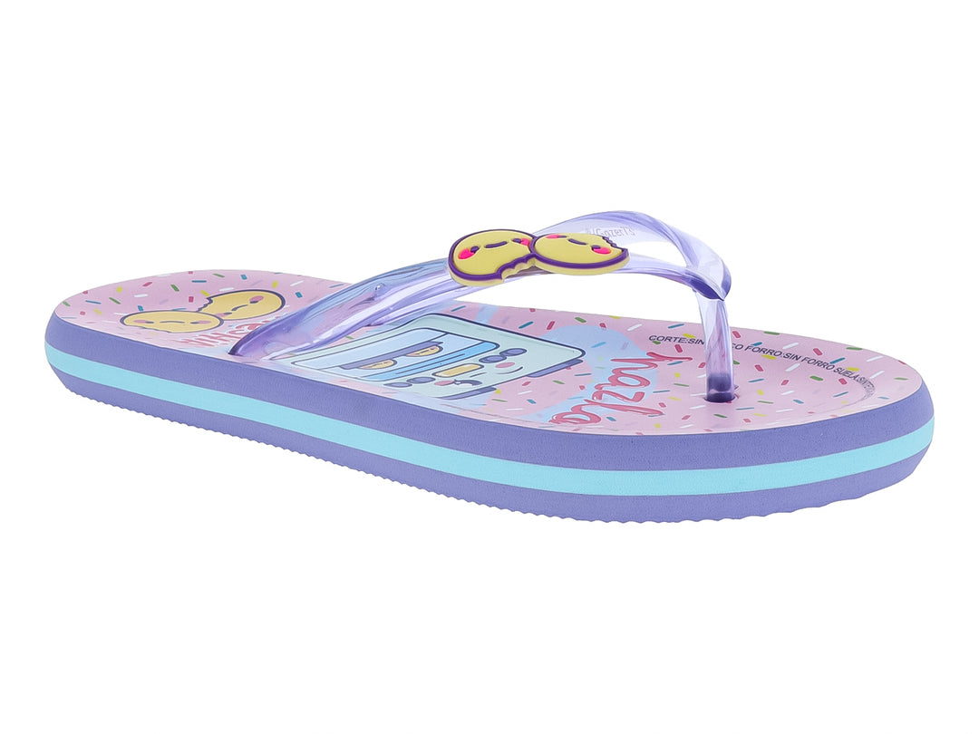 Sandalias infantiles tipo flip-flop en color lila y azul con detalles decorativos.